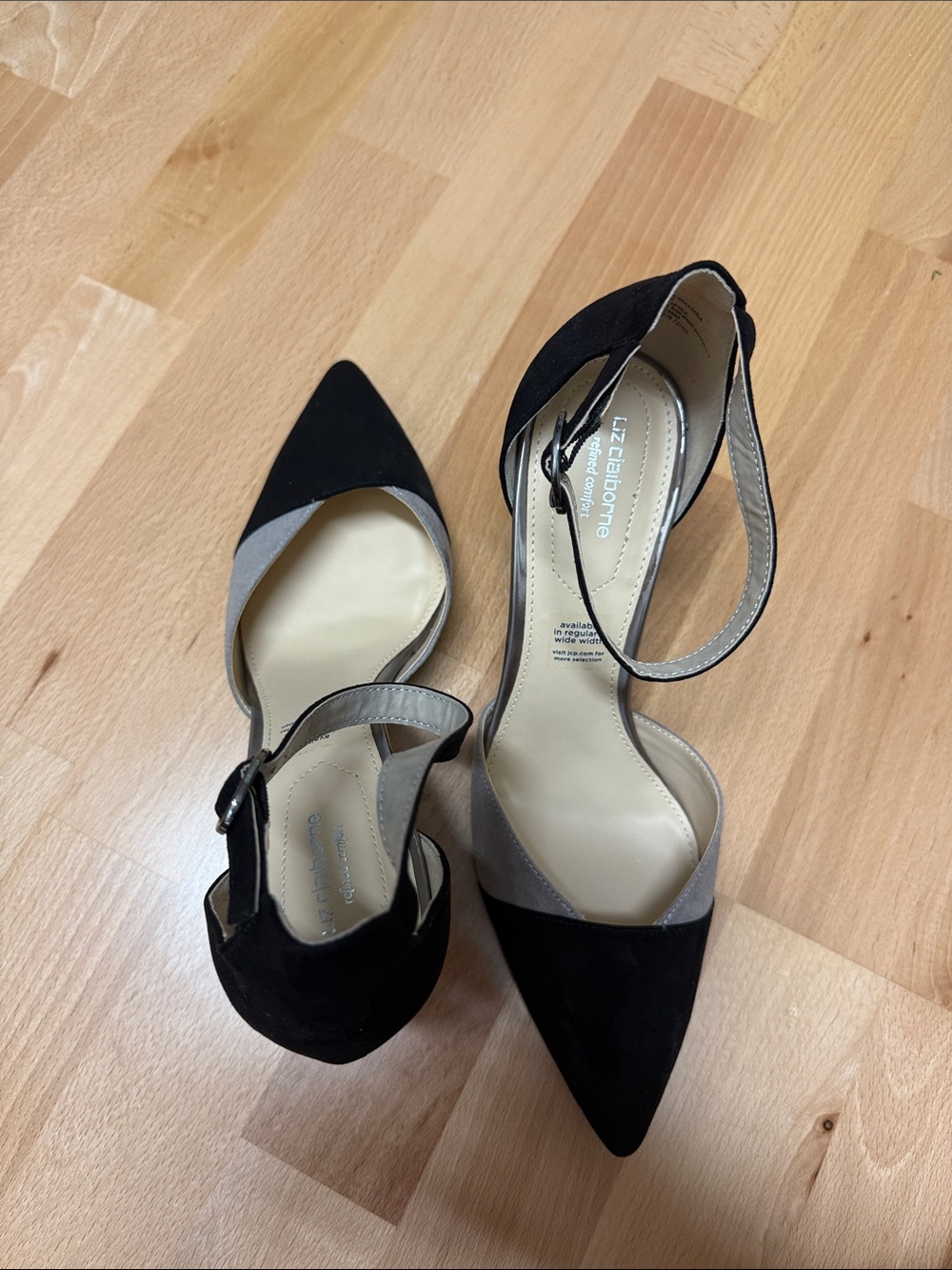 Liz Claiborne Black and Gray Pointed D'Orsay Ankle Strap Heels